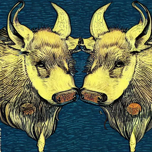 Image similar to art of symmetrical wild boar with mushrooms on face, in the style of moebius and studio ghibli and vincent van gogh
