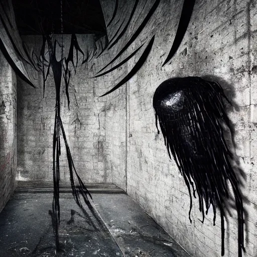 Prompt: “3d black metal vaguely winged creature made of glossy black liquid latex, iron and asphalt, spidery irregular shapes, suspended from ceiling in abandoned tunnel, brutalist, designed by rick owens, andrei tarkovsky and hr giger, 8k hyperrealistic, hyper-detailed, highly textured, dark volumetric lighting, fine details, muted, octane render, asymmetry” — w 1084 - n 7 —s 30 —i