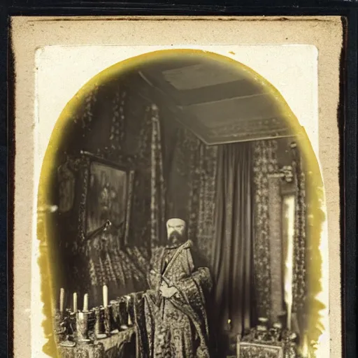 Image similar to Ivan the Terrible in his palace in Moscow and his kitten collection in bottles, wide angle, high detail, Polaroid , old photo width 768