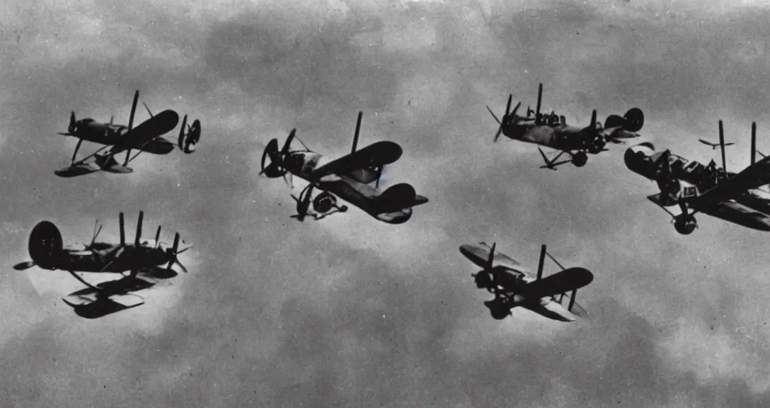 Image similar to photo of a WW1 aerial dogfight, Red Baron, Sopwith Camel, biplanes, triplanes