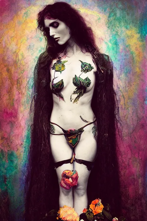 Image similar to pre-raphaelite punk rock dark rainbow noir angel painting, floral detail, smoky eyes, photo by Annie Leibovitz, Anton Fadeev