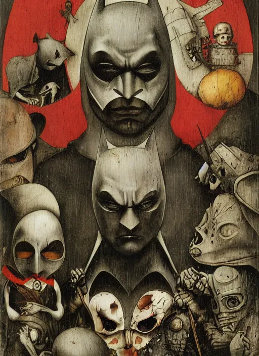 Prompt: The dark knight by Hieronymus Bosch and James Jean, rule of thirds, highly detailed features, perfect symmetry, horror elements, horror theme, award winning