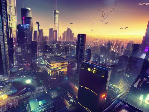 Image similar to a cinematic busy cyberpunk street in a mega city packed with flying vehicles, large mega corp buildings dominate the skyline at dusk by nick hiatt, unreal engine trending on artstation
