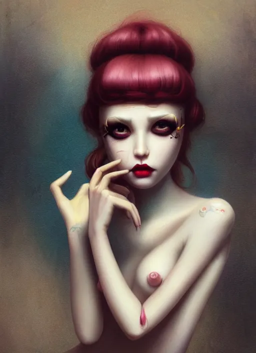 Prompt: pop surrealism, lowbrow art, realistic cute seductive female figure painting, japanese street fashion, hyper realism, muted colours, natalie shau tom bagshaw, mark ryden, trevor brown style,