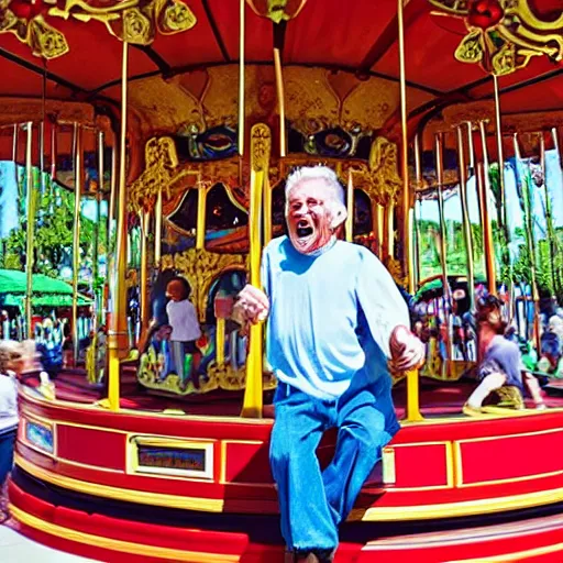 Prompt: A really excited old man riding a merry-go-round carousel at an amusement park, hyperrealism, wide shot