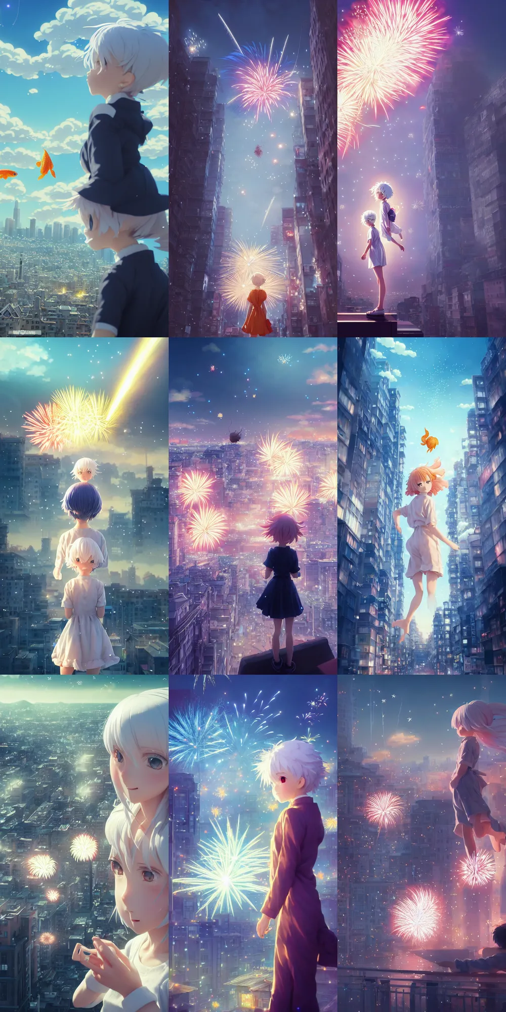 Prompt: firework and goldfish in the sky, white hair girl, by kyoto animation, insanely detailed. instagram photo, kodak portra. by wlop, ilya kuvshinov, krenz cushart, greg rutkowski, pixiv. zbrush sculpt, octane, maya, houdini, vfx. huge cityscape. cinematic dramatic atmosphere, sharp focus, volumetric lighting