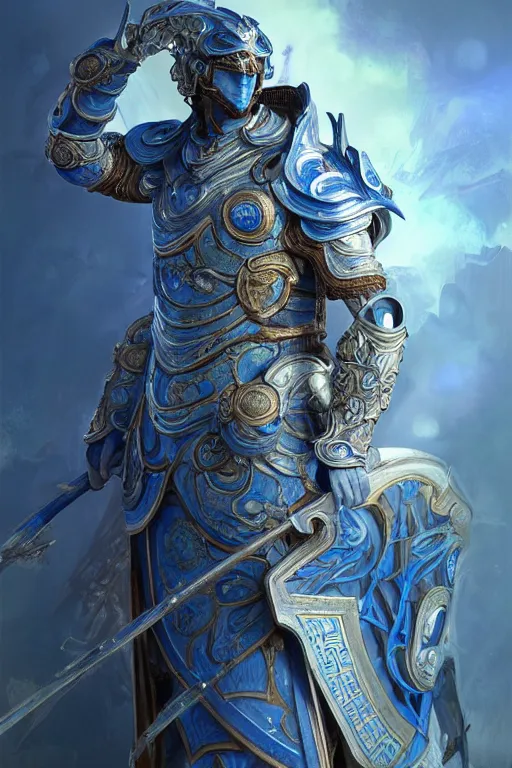 Prompt: portrait knights of Zodiac male, Chinese Blue and white porcelain reflected armor, in ruined Agora of Athens Sunrise, ssci-fi and fantasy, intricate and very very beautiful and elegant, highly detailed, Frostbite Engine, digital painting, artstation, concept art, smooth and sharp focus, illustration, art by tian zi and WLOP and alphonse mucha