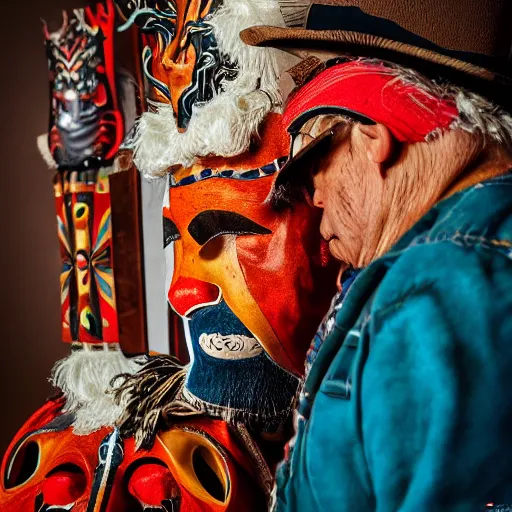 Prompt: portrait photography of tyrolean folklore masks, studio lighting, by Annie Leibovitz, fujifilm x100v, s1.4, 8k, high quality