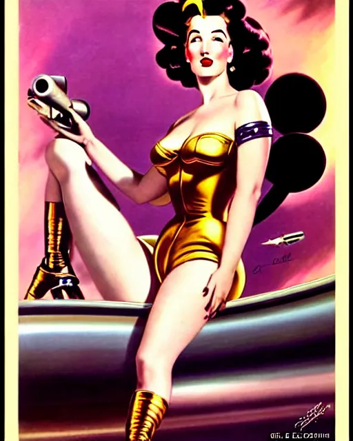 Prompt: retro space dita von teese varga girl posing on a space ship in dieselpunk city, windblown dark hair, retro pinup model, seductive, 1 9 4 0, hyper detailed, digital art, smooth, sharp focus, gil elvgren,