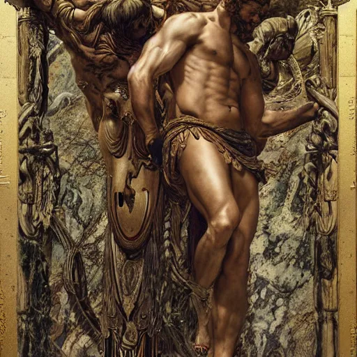 Image similar to greek gods, muscular, elegant, high resolution, art by ernst haeckel, john william godward, gustav klimt greg rutkowski, craig mullins, ruan jia, raymond swanland, tom lovell