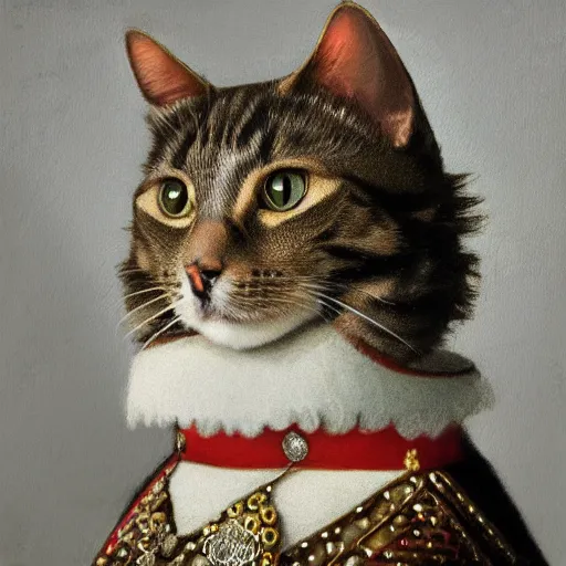 Prompt: portrait of a cat dressed as the queen of england, photorealist, 4 k