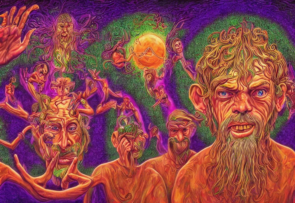 Image similar to Terence McKenna meeting elves, by Alex Grey, psychedelic, UHD, 8K High Definition