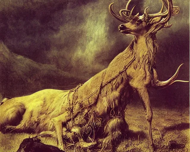 Image similar to Lama, Deer, Dog, Horse combined; fantastic sick damned mutant beast skin-with-inflated-blisters by Beksinski, Arthur Rackham, Eugene de Blaas, Dariusz Zawadzki, Wayne Barlowe