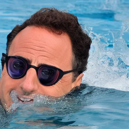 Image similar to jerry seinfeld swimming with a dolphin