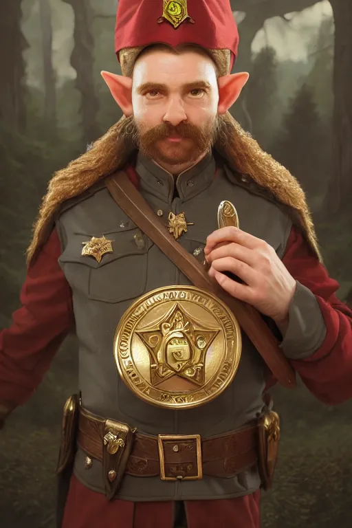 Prompt: a high fantasy middle earth elf mall cop with a sheriff's badge, Oil Painting, hyperrealistic, octane render, Detailed Digital Art, RPG portrait, 3/4 bust, William-Adolphe Bouguereau, Michael Cheval, dynamic lighting, Highly Detailed, Cinematic Lighting, 8k, HD