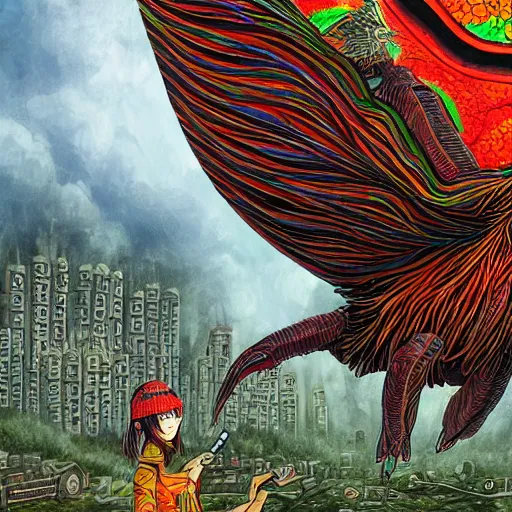 Prompt: 8K headshot Portrait of centered chest up of a psychedelic godlike mothman with giant mandala wings smoking a hand-rolled cigarette smoking heavily , magic mushroom village in background , post-processing , award winning. superb resolution. in the art style of junji Ito and greg rutkowski . Detailed Mushroom city in background. Hyper realistic anime. Perfect art. Dalle2