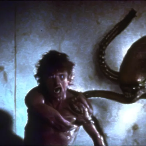 Image similar to film still of Donald Trump being held against a wall by a predator in the movie Alien.