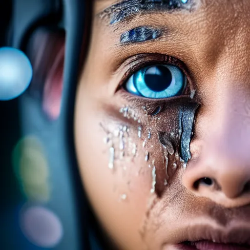 Image similar to photographic portrait of a poor techwear woman with tears in her eyes, closeup, sigma 85mm f/1.4, 4k, depth of field, high resolution, 4k, 8k, hd, full color