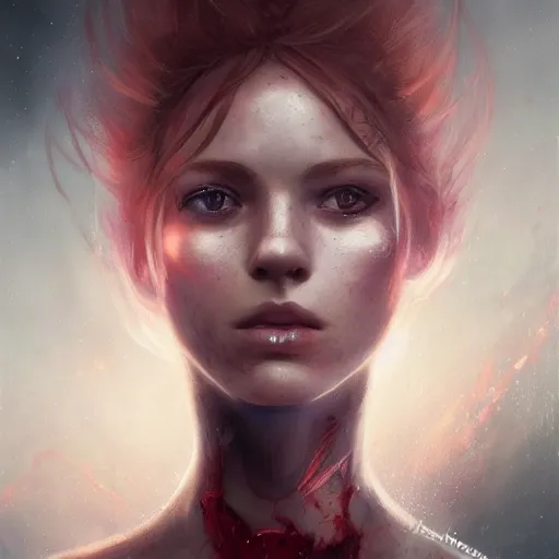 Image similar to portrait of woman with strawberry blond hair by bastien lecouffe - deharme and charles bowater, bangs, ponytail, greg rutkowski, black tank top, inspired by diablo concept art