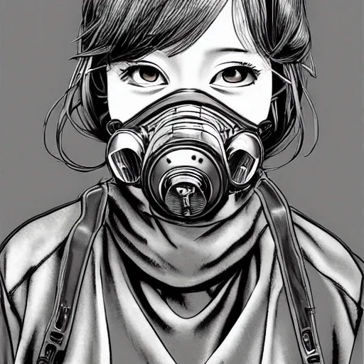 Prompt: girl silver hair, multicam, gas mask, illustration by Takehiko Inoue, portrait