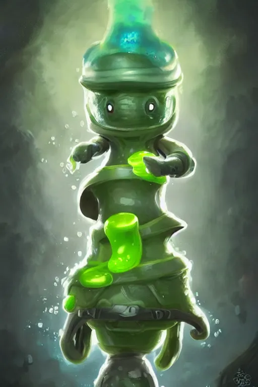 Image similar to cute anthropomorphic green slime jelly knight wearing a cape, tiny, small, miniature slime goo , baby slime jelly, short, pale blue armor, cute and adorable, pretty, beautiful, DnD character art portrait, matte fantasy painting, DeviantArt Artstation, by Jason Felix by Steve Argyle by Tyler Jacobson by Peter Mohrbacher, cinematic lighting