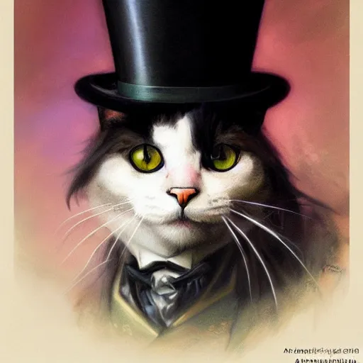 Prompt: close portrait of a fancy cat ( animal ) with a top hat and monocle, vaporwave, highly detailed, digital painting, artstation, concept art, smooth, sharp focus, illustration, art by artgerm and greg rutkowski and alphonse mucha