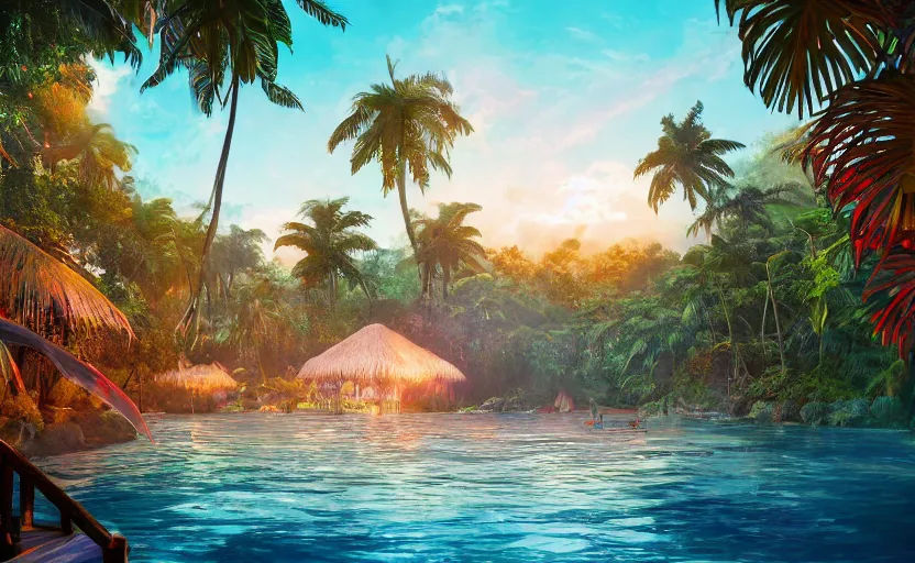 Image similar to a tropical resort in a jungle paradise, with a beautiful red and blue sunset, dynamic lighting, photorealistic fantasy concept art, trending on art station, stunning visuals, creative, cinematic, ultra detailed, ray tracing, sun rays, native tribes, wonderous waters, amazing detail