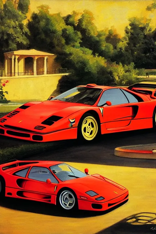 Prompt: ferrari f 4 0, golden hour, next to a pool, artstation, vibrant, by j. c. leyendecker and peter paul rubens,