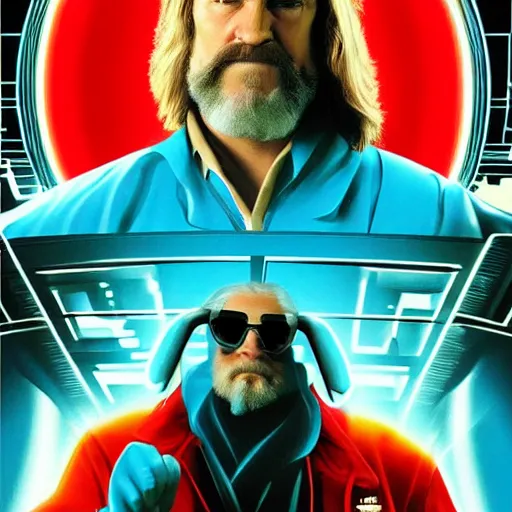 Image similar to dude lebowski played by jeff bridges ( accurate facial proportions ), in tron world, photorealistic movie still, detailed 8 k, poster style, high resolution