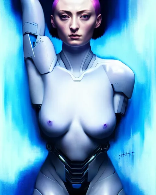 Image similar to electric blue short haired cyborg muscular sophie turner in ghost in the shell poster, sensual pose, artgerm, jeremy lipkin, fine detail!!