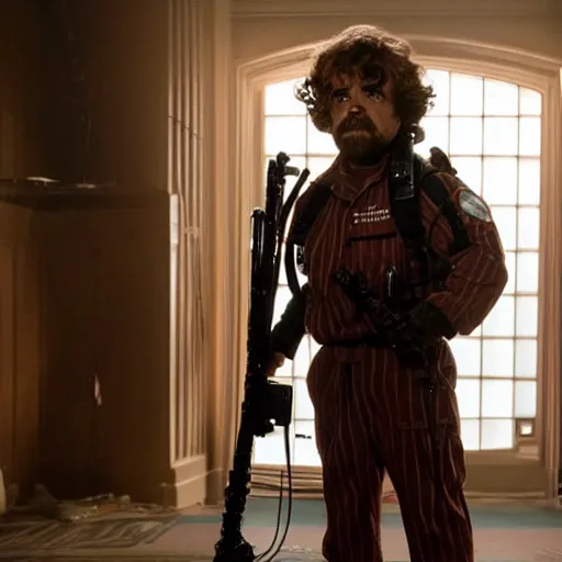 Image similar to stunning awe inspiring peter dinklage as a ghostbuster in the movie ghostbusters, movie still 8 k hdr atmospheric lighting