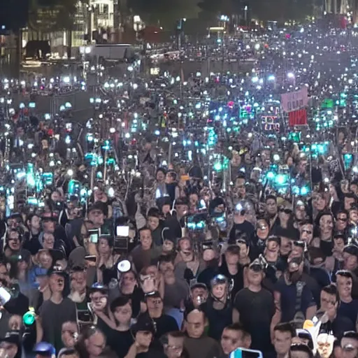 Prompt: 4 k wide angle gigantic army of mark zuckerberg robots during a protest with torch lighting at dusk