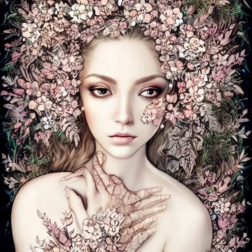 Prompt: a picture of a beautiful woman with a symmetrical detailed face, dressed in a white lace dress and covered in flowers and leaves sitting in an enchanted forest, sunset, high fantasy, elegant, epic, detailed, intricate, digital painting, concept art, realistic detailed face, smooth, focus,