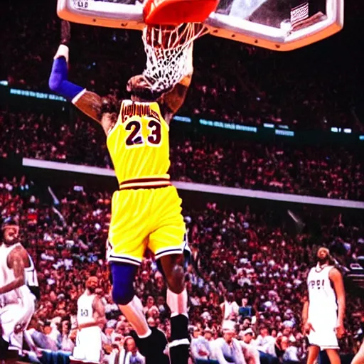 Prompt: professional nba photograph of lebron james dunking on michael jordan, award - winning photograph, highly detailed, dramatic posing, 8 k quality, high quality