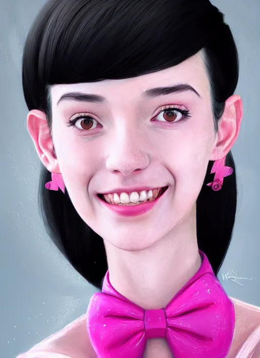 Image similar to portrait of high school girl, realistic, black hair, bangs, half updo hairstyle, pointy nose, skinny, smile, ugly, defined jawline, big chin, pink hair bow, earrings, intricate, elegant, glowing lights, highly detailed, digital painting, artstation, sharp focus, illustration, art by wlop, mars ravelo and greg rutkowski