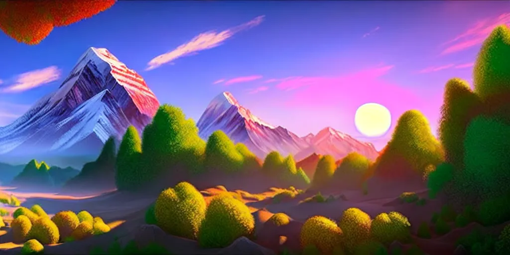 Image similar to a beautiful landscape, sun rises between two mountains, colourful 3 d artwork by bob ross, unreal engine 5, extremely detailed, hyper realism