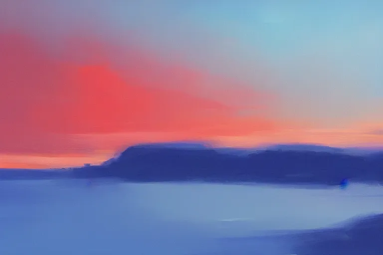 Prompt: a blue sunset with red tall cliffs, scenic view, artstation, painting