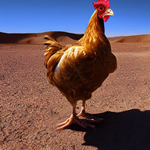 Prompt: realistic photograph of a chicken in a desert with a helicopter, high quality