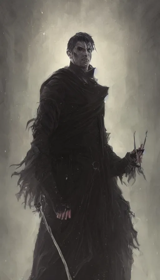 Prompt: Portrait of an tall man in a black cloak, glowing purple eyes and silver black hair, male, detailed face, fantasy, highly detailed, cinematic lighting, digital art painting by greg rutkowski