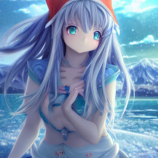 Prompt: a very beautiful anime elf girl, full body, long silver hair with a flower, sky blue eyes, full round face, short smile, revealing clothes, thick thigs, firm chest, ice snowy lake setting, cinematic lightning, medium shot, mid-shot, highly detailed, trending on Artstation, Unreal Engine 4k, cinematic wallpaper by Stanley Artgerm Lau, WLOP, Rossdraws, James Jean, Andrei Riabovitchev, Marc Simonetti, and Sakimichan