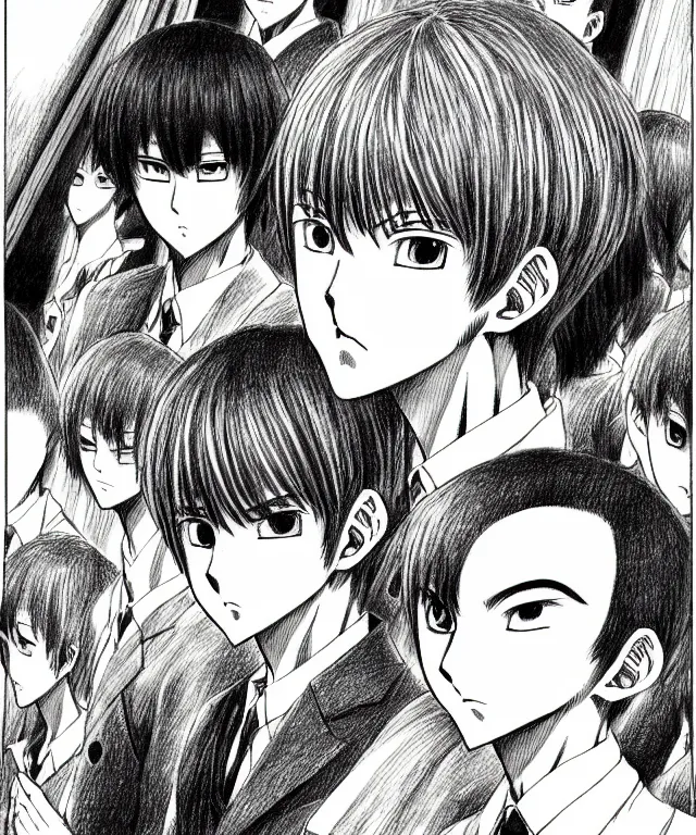 Prompt: A manga about a young shaved-headed scarred male. Perfect faces, sharp high quality manga, fine details, straight lines, architecture in the background, masterpiece, highly detailed drawing by Tatsuki Fujimoto, Itou Junji, Kentaro Miura