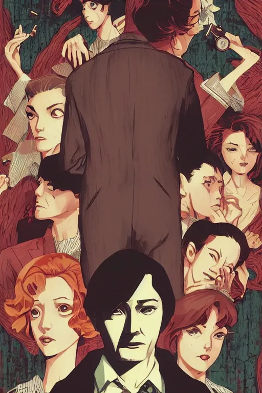 Prompt: twin peaks horror detective manga comic cover, dramatic, beautifully drawn coherent professional, drawn by ilya kuvshinov, satoshi kon. by tomer hanuka and michael whalen, minimalist stylized cover art, cel shaded