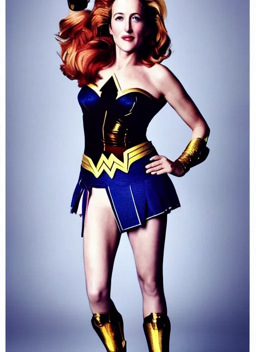 Image similar to full length photo of a gorgeous Gillian Anderson dressed as wonder woman by Mario Testino, detailed, head shot, award winning, Sony a7R