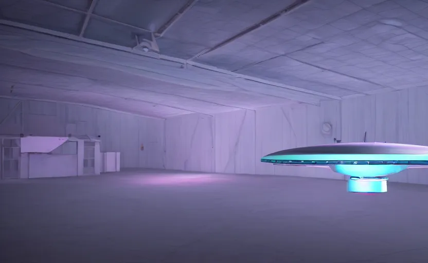 Image similar to a pastel color secret ufo hangar s - 4, extremely intricate and detailed 8 k cinematic lighting, hyper realism