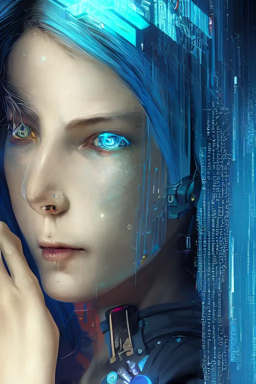 Image similar to A cyberpunk programmer girl with blue hair, depressed, works with AI, feels helpless, deep blues of AI tech office, cinematic lighting, hyper-detailed, cgsociety, 8k, high resolution, in the style of Charlie Bowater, Tom Bagshaw, Alexis Franklin, Elena Masci, Pawel Rebisz