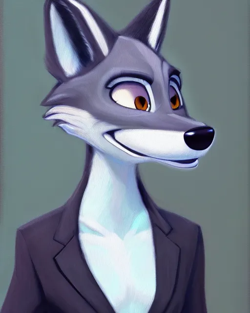 Prompt: oil painting of anthromorphic female wolf, in style of zootopia, female fursona, furry, furaffinity, 4 k, deviantart, furry art, fursona art, wearing black business suit, business suit, wolf fursona, female, smug expression,