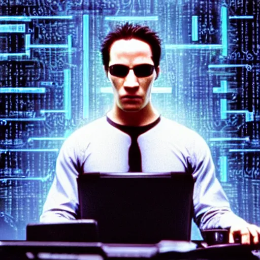 Image similar to prairie dog hacker in a blue-lit room surrounded by computers, still image from movie The Matrix