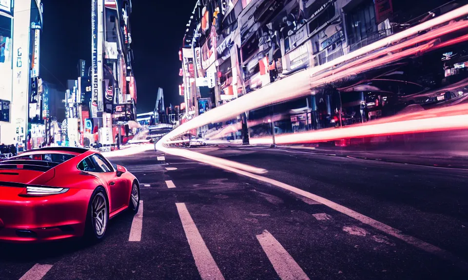 Image similar to photo of a porsche 911 at night drifting through a city, cinematic, 4k, long exposure photography, tokyo drift, fast and furious, film still, night photography, motion blur, lens flare, movie shot, light trail, distortion, wide angle, reflections