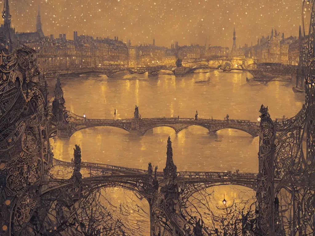 Prompt: a view from the seine river in paris at night with the sky full of stars, intricate, elegant, highly detailed, digital painting, artstation, concept art, smooth, sharp focus, colored illustration for tattoo, art by krenz cushart and artem demura and alphonse mucha,