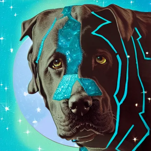 Image similar to a photograph of a huge dog in space made of turquoise colored crystals